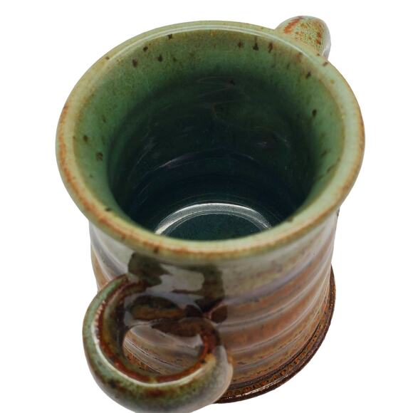 Small Pottery Espresso Cup Kline Tea Mug Spoon Holder Green Brown Studio Rustic - Picture 2 of 9
